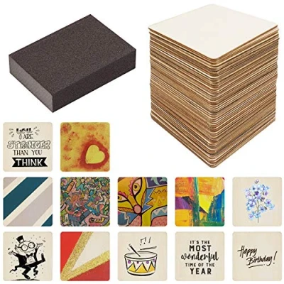 Afbeelding van Belle Vous 50 Pak Onbewerkt Blank Houten Vierkanten met Schuur Spons 10 x cm 2,5 mm Dikke Blanke Vierkante Stukken Voor DIY Onderzetters, Hobby Verven en Pyrografie Branden
