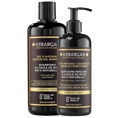 Afbeelding van Kerargan Duo anti haaruitval shampoo en verzorging zonder uitspoelen met ricinusolie voor droog, broos gedevitaliseerd haar versterkt stimuleert sulfaten, parabenen siliconen