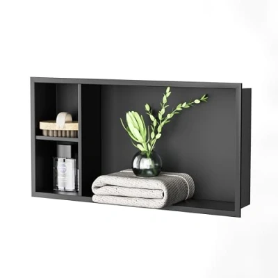 Afbeelding van Bernkot wandnis 304 roestvrijstalen douchenis zwart met plank 60cm x 30cm 10cm badkamer voor wandopslag