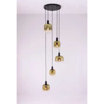 Afbeelding van Hanglamp Videlamp 5lichts rond goud naar helder glas 350cm