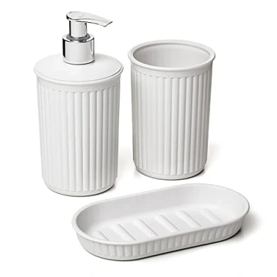 Afbeelding van TATAY 3 delige badkameraccessoireset (glas + dispenser zeepbakje) Baobab, kunststof, BPA vrij, witte Pergamon.