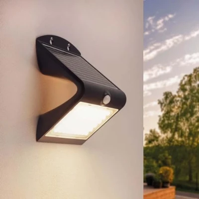 Afbeelding van Ledvion Moderne Solar Wandlamp op Zonne energie met Bewegingssensor, Zwart, 4W, 3000K, IP65Waterproof &amp; 220 Lumen, Bewegingsdetectie Schemerschakelaar, Energiezuinig Weerbestendig