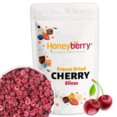 Image de Griottes Lyophilisées en Tranches 100g Fruits Séchés Lyophilisés Cerises Acides Déshydratées pour Gâteaux, Décorations de Pâtisseries, Muesli et Desserts