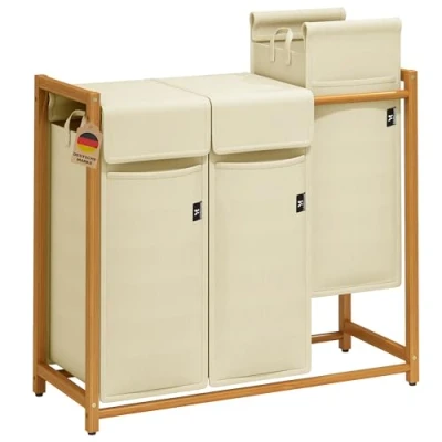 Afbeelding van AdelDream Wasmand, van bamboe, wassorteerder, wasverzamelaar, 3 vakken, waswagen met afneembare waszak, wasbox, 150 l, beige