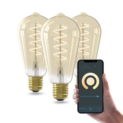 Afbeelding van Calex Slimme LED Lamp Set van 3 stuks E27 Wifi Verlichting Spiraal Filament ST64 Smart Lichtbron Goud Dimbaar Warm Wit licht 7W
