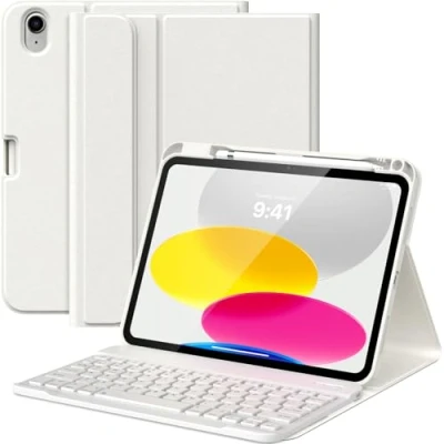 Afbeelding van MoKo iPad 10 Jan 2022 Toetsenbord, 2 in 1 Hoes met Magnetisch Toetsenbord Verwijderbaar Bluetooth Engels QWERTY Beschermhoes voor 10,9 inch, Wit