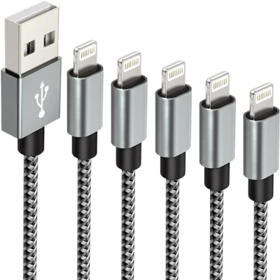 Afbeelding van IDISON Set van 5 Apple MFi gecertificeerde gevlochten nylon Lightning kabels, compatibel met iPhone Max, XS, XR, 8 Plus, 7 6S, 5S, 5C, Air, iPad Mini, iPod (zwart grijs)