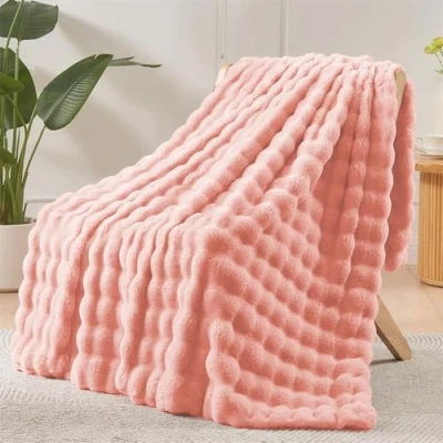 Afbeelding van LINGKY Dikke deken van konijnenpluche, superzacht en comfortabel, imitatiebont, dubbellaagse stof, voor bank, bed, roze, 230 x 250 cm