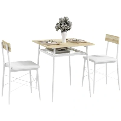 Afbeelding van HOMCOM Meubelset, tafel en stoelen, keukentafel met frame van staal, 2 inbouwstoelen, voor keuken, woonkamer, huis, wit eiken