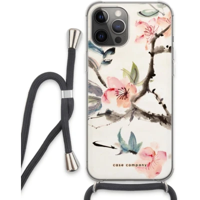 Afbeelding van Case Company® hoesje met Koord geschikt voor iPhone 13 Pro Max Japanse bloemen Telefoonhoesje Zwart Extra Bescherming aan alle Kanten en Over de Schermrand