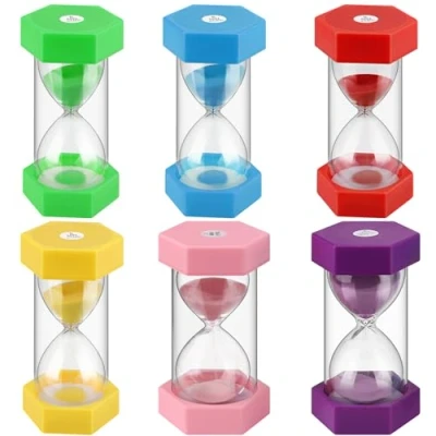 Afbeelding van 6 stuks zandhorloges, kleurrijk zandklokspel, keukenklok, zandtimer set 1, 3, 5, 10, 15, 30 minuten, voor kinderen, tandenpoetsen, school, kantoor, activiteiten