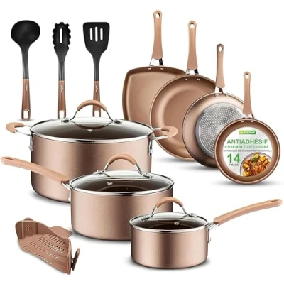 Afbeelding van NutriChef 14 delige anti aanbak pannenset PFAS vrije hittebestendige lak kookgerei set met steelpan, koekenpannen, kookpotten, braadpan, deksels, keukengerei NCCW14S, aluminium nylon siliconen, goud