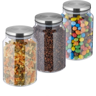Afbeelding van Relaxdays voorraadpot met deksel set van 3 glazen bewaarpotten opbergpotten keuken