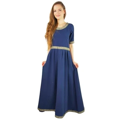 Afbeelding van Leonardo Carbone® Ennlin Damesjurk, randdesign, veters op de rug, carnaval, Halloween, cosplay, LARP, middeleeuws, Viking, kostuum, A lijn, 100% katoen, Blauw