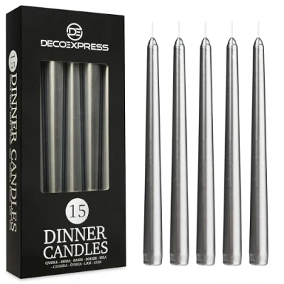 Afbeelding van lange kaarsenset, witte of gekleurde 10, 15, 50 kaarsen, 25 cm, levensduur, 8 uur Dripless (zilver, 15 stuks)