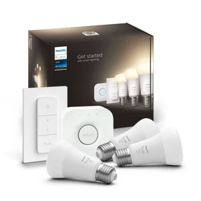 Image de Philips Hue White Kit de Démarrage E27 avec 3 Ampoules, Variateur + Bridge