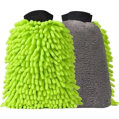 Afbeelding van DU Life 2 stuks dikke dubbelzijdige chenille autowashandjes en microvezelstof, gevuld met een autowasspons, 22,9 x 17,8 cm, groen