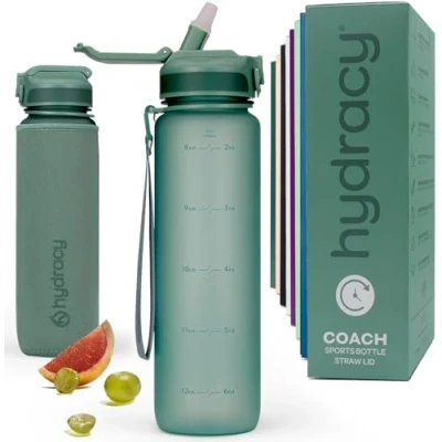 Afbeelding van Hydracy Waterfles met tijdmarkering en rietje, 1 liter, BPA vrij, lekvrij, zweetbestendig, voor fitness, sport outdoor, zilvergrijs