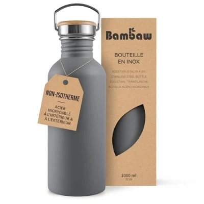 Afbeelding van Bambaw® Waterfles 1 liter Enkelwandige drinkfles RVS Niet Geïsoleerd Lekvrij, en Plasticvrij met Bamboe Dop Waterflessen Volwassenen Perfect voor Reizen, Werk, Yoga, Wandelen Dagelijks Gebruik Water Fles donkergrijs