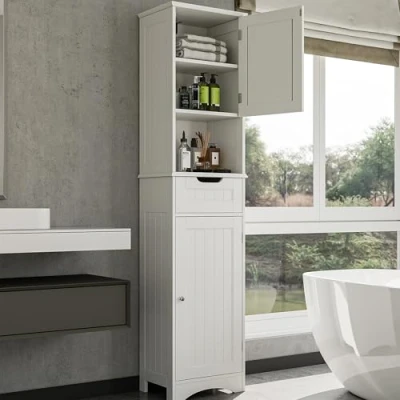 Afbeelding van Bealife Badkamerzuil met 2 deuren en 1 lade, badkamerkast verstelbare planken, meubelzuil, ruimtebesparend, voor woonkamer, slaapkamer, keuken, wit