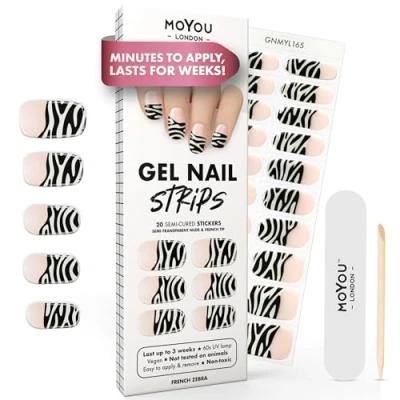 Afbeelding van MOYOU LONDON 20 stuks semi geharde gelnagellakstrips voor manicure in professionele kwaliteit met nagelvijl en houten nagelriemstift (uv /ledlamp vereist), zebra