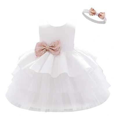 Afbeelding van Lito Angels Bruidsmeisjesjurk, ceremonie, bruiloft, doop, met haarband voor baby en kinderen, meisjes, Wit.