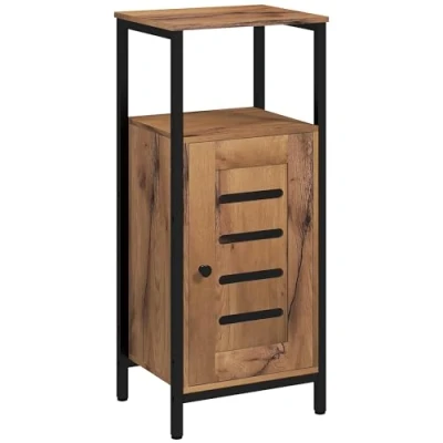 Afbeelding van kleankin Opbergkast voor badkamer, met lamellendeur, badkamerkast stalen frame, open nis en verstelbare plank, 37 x 30 85 cm, rustiek bruin