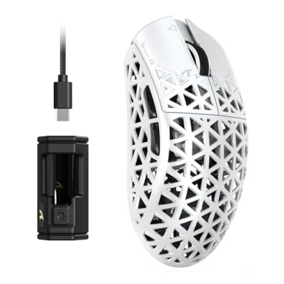 Image de ATTACK SHARK R5 Ultra Souris Gaming sans fil HyperSpeed Fibre de Carbone, Ultralégère 39g, Filaire 2,4 G/BT/USB C, Capteur PAW3950MAX, Fréquence d&#039;Interrogation 8KHz, 42Kppp, Windows/Mac Blanc
