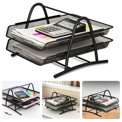 Afbeelding van Cheqo® Brievenbak Postbak Documenten Bewaren 2 Uitschuifbare Lagen Bureau Organizer 30x36x22 cm Zwart Metaal