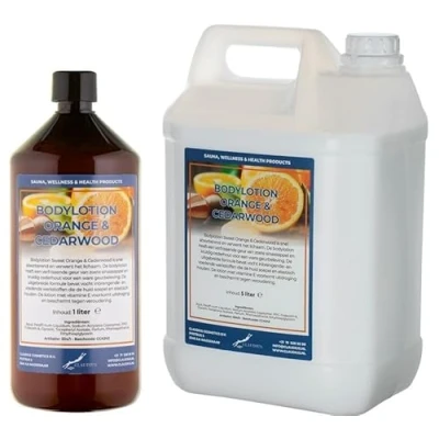 Afbeelding van Bodylotion Sweet Orange &amp; Cedarwood 1 liter met gratis pompje hervulbaar + Jerrycan 5 navulling