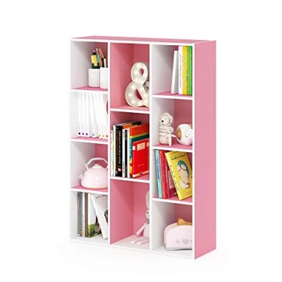 Afbeelding van Furinno Open boekenkast met 11 vakken, hout, wit/roze, 23,88 x 73,91 105,92 cm