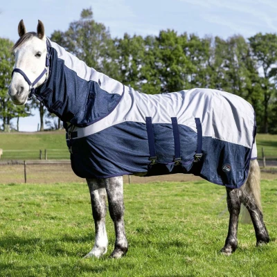 Afbeelding van HKM Vliegendeken Rain Nek en Buikflap Blauw/Grijs 135/185