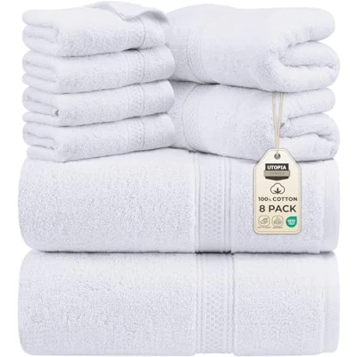 Afbeelding van Utopia Towels Set van 8 katoenen handdoeken met ophanghaak 2 badhanddoeken, en 4 washandjes (wit)