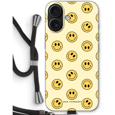 Afbeelding van Case Company® hoesje met Koord geschikt voor iPhone 16 Smiley N2 Telefoonhoesje Zwart Bescherming aan alle Kanten en Over de Schermrand