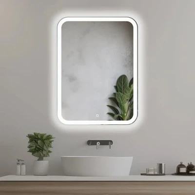 Afbeelding van Venti Rechthoekige badkamerspiegel, 50 x 70 cm, met ledverlichting en touch schakelaar, afgeronde hoeken, led spiegel ledverlichting, natuurlijk wit aan de voorkant van spiegel.