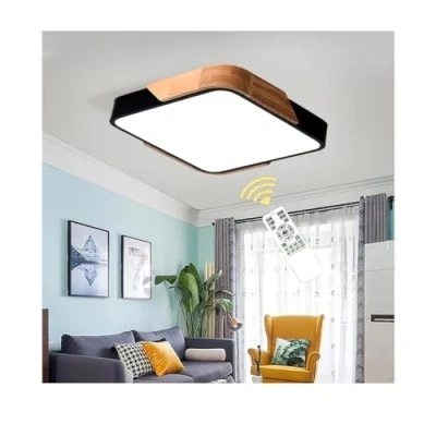 Afbeelding van Led plafondlamp, hout, 24 W, dimbaar, plafondlampen, rond, binnen, met afstandsbediening, automatische timer voor woonkamer, slaapkamer, keuken, hal, 30 cm (vierkant, zwart, cm)
