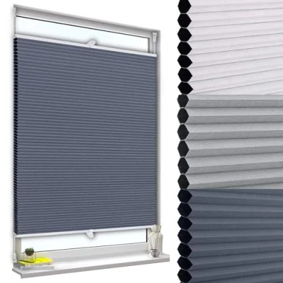 Afbeelding van WOLTU Plisségordijn, honingraatgordijn, 100% verduisterend, voor zonwering en privacy van deuren ramen, zonder boren, blauw wit, 80 x 120 cm