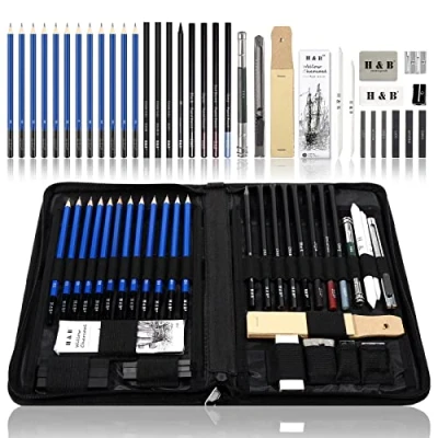 Afbeelding van H &amp; B Set van 40 schetspotloden, kunstbenodigdheden, schetsset met houtskoolpotloden, canvas etui en meer voor kunstenaars, beginners, kinderen