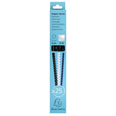 Afbeelding van Exacompta Ref 76201E bindkammen, 8 mm, dikte 21 ringen voor A4 documenten, capaciteit 20 40 vellen van pvc, zwart, 25 stuks