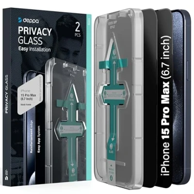 Afbeelding van Deppa [2 stuks] Gehard glas tegen spionage iPhone 15 Pro Max (6,7 inch) [volledige afdekking] met eenvoudige installatieset displaybeschermfolie [video installatiehandleiding]