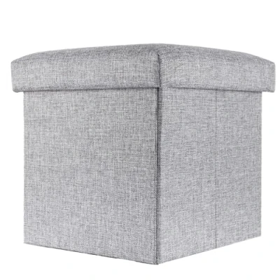 Afbeelding van Intirilife Opvouwbaar krukje 38x38x38 cm in ALASKA GREY Zitkubus met opbergruimte en deksel van stof linnenlook voetensteun opbergkist bankzitting