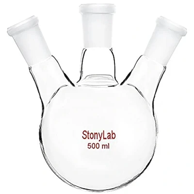 Afbeelding van stonylab Glazen Zwarte Muur 3 Nek Ronde Bodem Kolf RBF, met 24/40 Centrum en Kant Standaard Taps Toelopende Buitenver Binding, 500 ml
