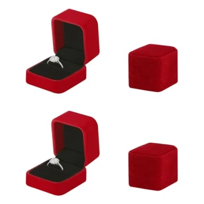 Afbeelding van 2 stuks vierkante flanellen ringdoos, verlovingsring doos van fluweel, met oorbellen, voor verlovingsring, bruiloft, huwelijksaanzoek (rood)