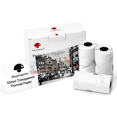 Afbeelding van Phomemo transparant printerpapier, 53 mm, compatibel met M02, M02S, M02Pro, M03, M03AS, M04S, M04AS mini printers, 3 rollen zelfklevend thermisch papier, mm x 3,5 m