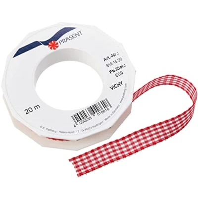 Afbeelding van PRÄSENT Vichy Rood/wit cadeaulint, 20 meter decoratief en knutselen, 15 mm breed, geruite lint voor kleurrijke decoraties geschenkverpakkingen, feestelijke gelegenheden
