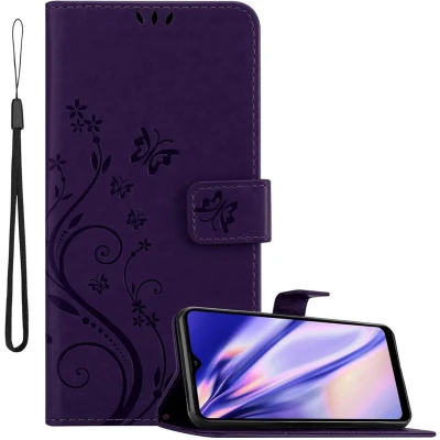 Afbeelding van Cadorabo Hoesje geschikt voor Samsung Galaxy A21 in BLOEMEN DONKER PAARS Beschermhoes bloemmotief met magnetische sluiting, standfunctie en kaartsleuven Book Case Cover Etui