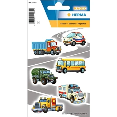 Afbeelding van HERMA 15464 6 kleine glitterstickers voor auto met vrachtwagen, schoolbus, ambulance, kinderetiketten fotoalbum, dagboek, poëziealbum, scrapbooking,
