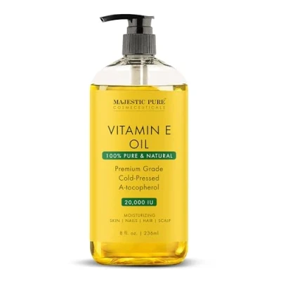 Image de MAJESTIC Pure Vitamin E Oil 100% and Natural Cold Pressed for Skin, Scars, Face, Nails, Hair, Scalp 20,000 IU Non GMO Verified Hair &amp; Body 8 Fl Oz