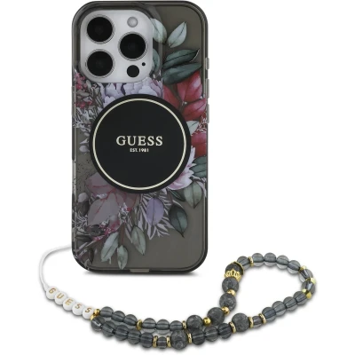 Afbeelding van Guess Hoesje Geschikt voor iPhone 16 Pro Max Met Koord MagSafe IML Case Flowers with beads strap zwart