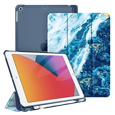 Afbeelding van Fintie Hoes voor iPad 10.2 inch 9e Generatie 2021/ 8e Gen. 2020 / 7e 2019 met Pencil Houder, Ultradun Superlicht Beschermhoes Transparante Achterkant Automatische Slaap waak, Oceaan Blauw